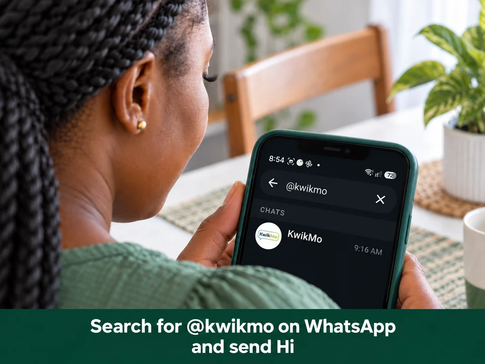 A shopper searches for @kwikmo in WhatsApp and opens the KwikMo chat