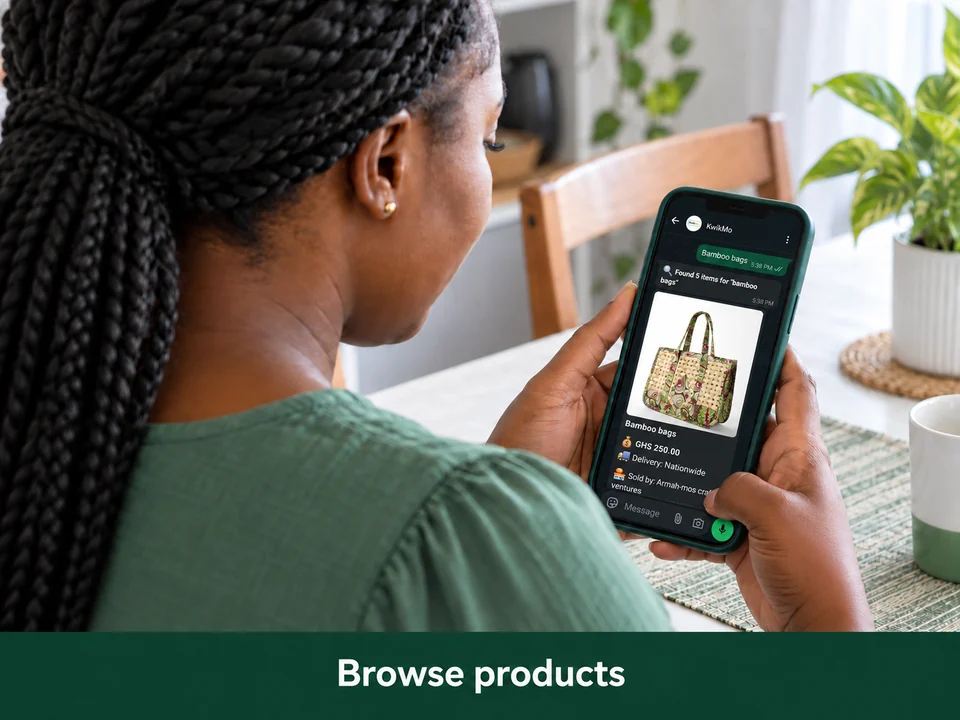 A shopper browses KwikMo product results in WhatsApp
