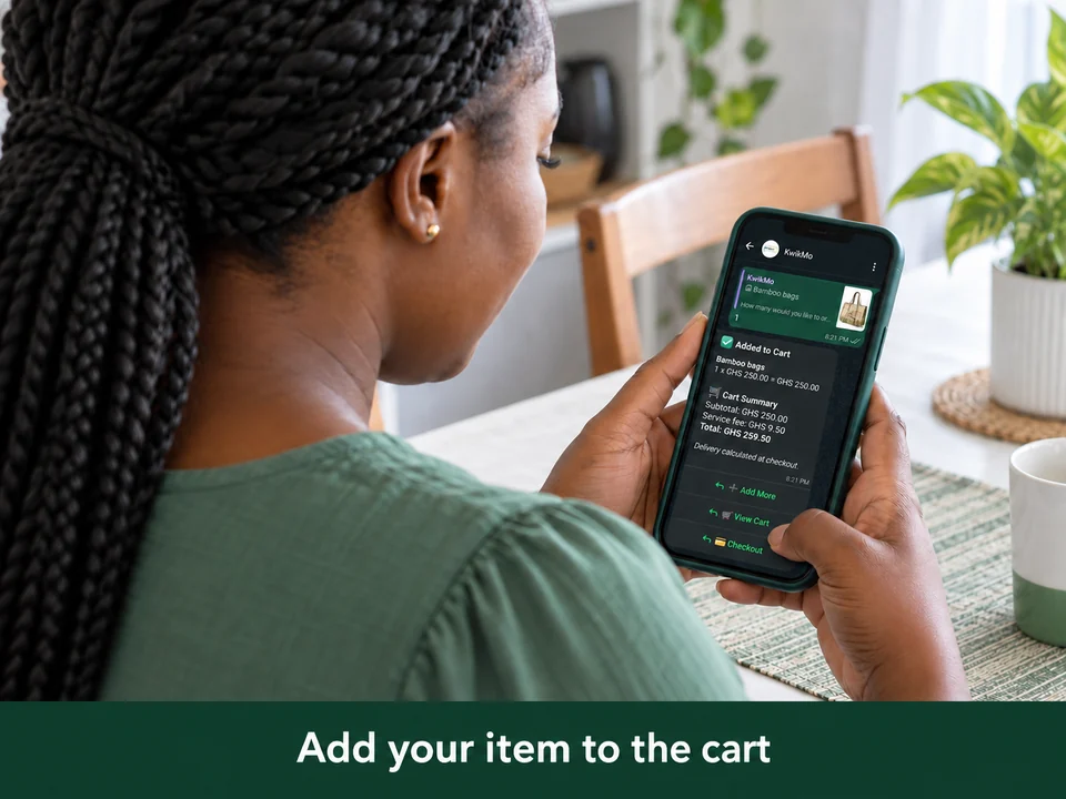 KwikMo WhatsApp cart showing an item added and the cart summary