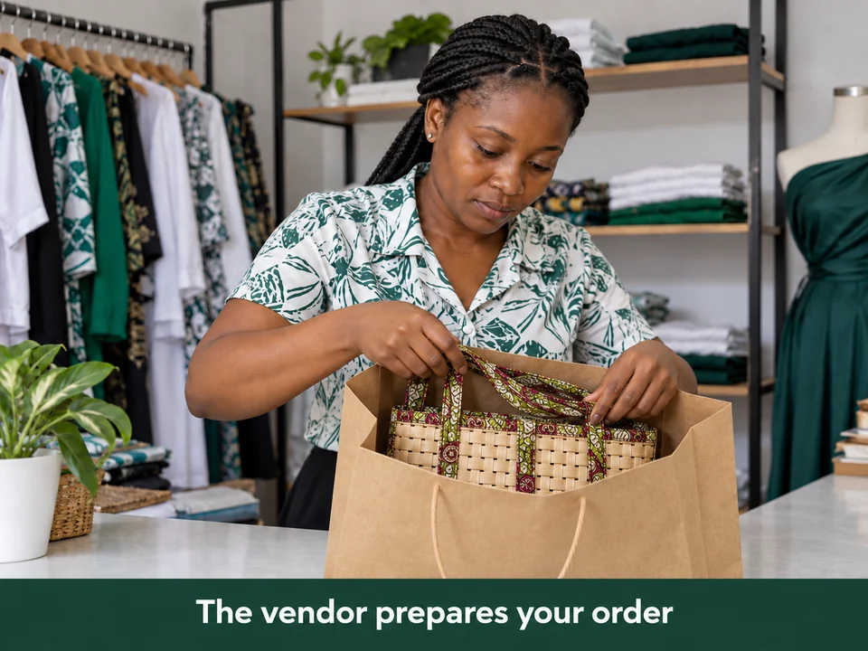 A vendor places a customer's product into a shopping bag for the order